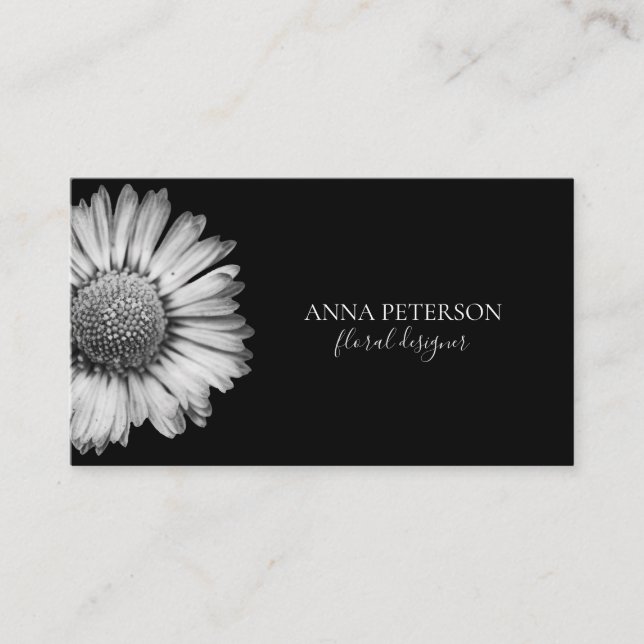 Elegant Simple Black White Daisy Flower Business Card (Front)