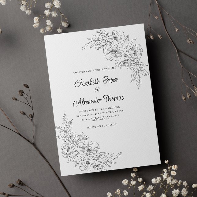 Elegant simple black white floral wedding  invitation (Elegant simple black white floral wedding )
