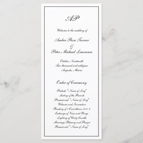 Elegant Simple Black White Formal Monogram Wedding Program