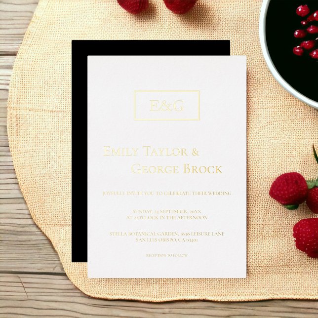 Elegant Simple Black White Gold Monogram Wedding Foil Invitation (Creator Uploaded)