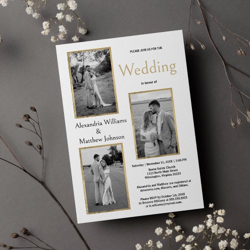 Elegant Simple Black White Gold Photo Wedding Invitation