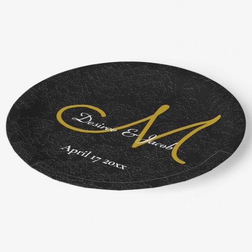 Elegant Simple Black White Gold Wedding Monogram Paper Plates