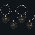 Elegant Simple Black White Gold Wedding Monogram Wine Charm<br><div class="desc">Wedding reception simple black white gold wine glass tags for the newlyweds. Floral minimalist monogram script customized favors. Chic,  elegant,  modern,  trendy,  classy,  stylish,  beautiful succulent background pattern. Image copyright Marg Seregelyi Photography.</div>