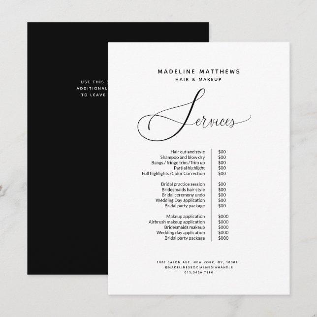 Elegant Simple Black White Hair Salon Price List Menu (Front/Back)