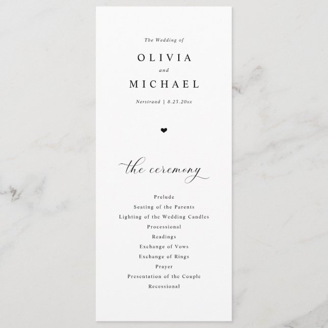 Elegant Simple Black & White Heart Wedding Program (Front)
