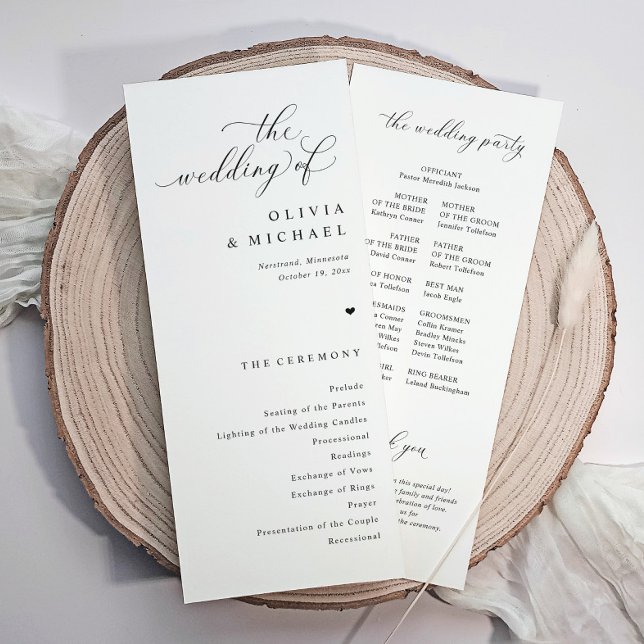 Elegant Simple Black & White Heart Wedding Program (Simple elegant wedding programs with heart and calligraphy. Classic black and white)