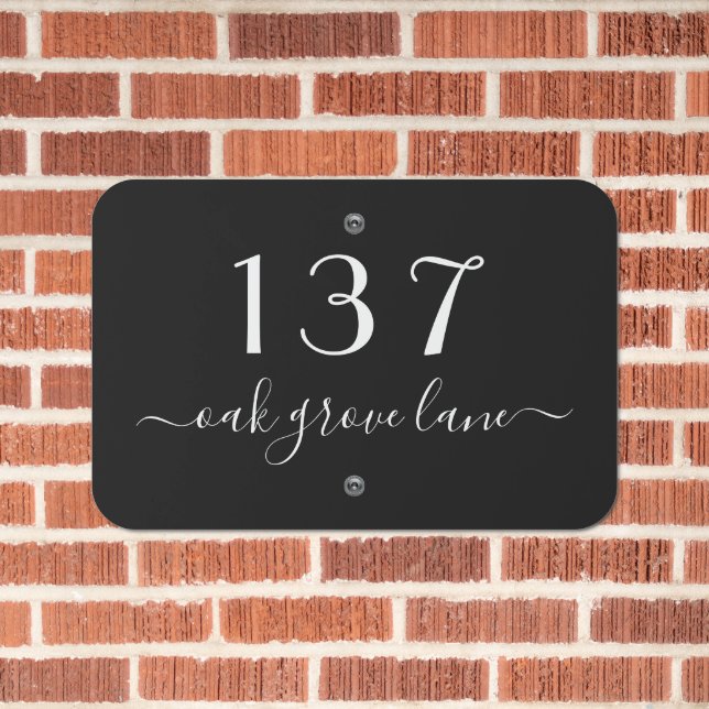 Elegant Simple Black White House Number Address Metal Sign (In Situ(Brick))