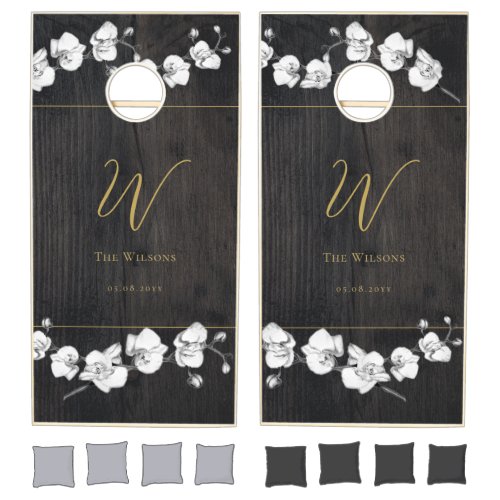 Elegant Simple Black White Orchid Monogram Wedding Cornhole Set