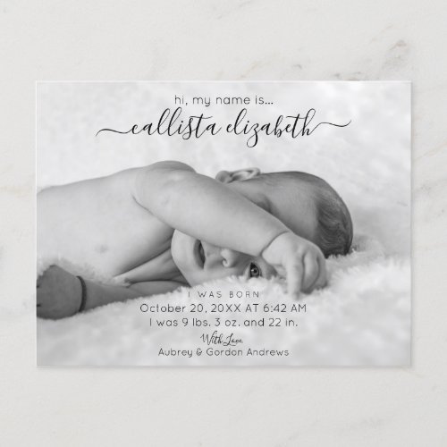Elegant Simple Black White Photo Birth Announcement Postcard