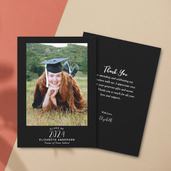 Elegant Simple Black White Script Graduation Photo Thank You Card by littleteapotdesigns at Zazzle