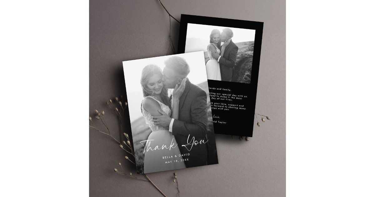 Elegant Simple Black White Script Photo Wedding Thank You Card | Zazzle