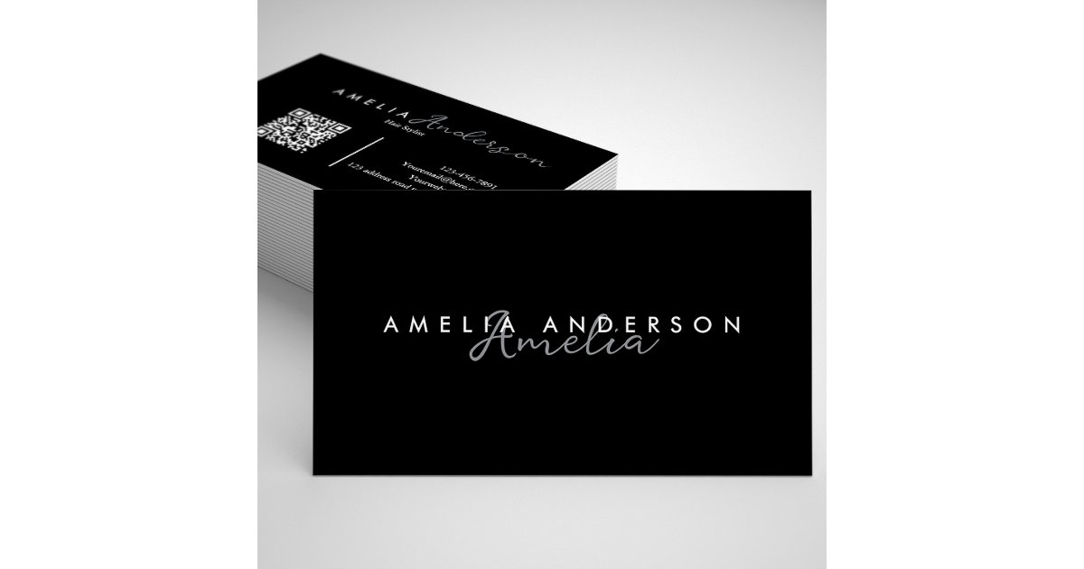 Elegant Simple Black White Script QR code Business Card | Zazzle