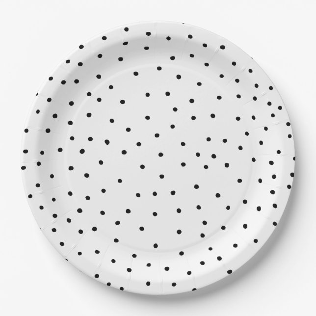 Elegant simple black white watercolor polka dots paper plates (Front)