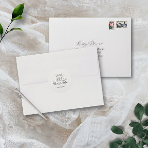 Elegant Simple Black & White Wedding Envelope Classic Round Sticker