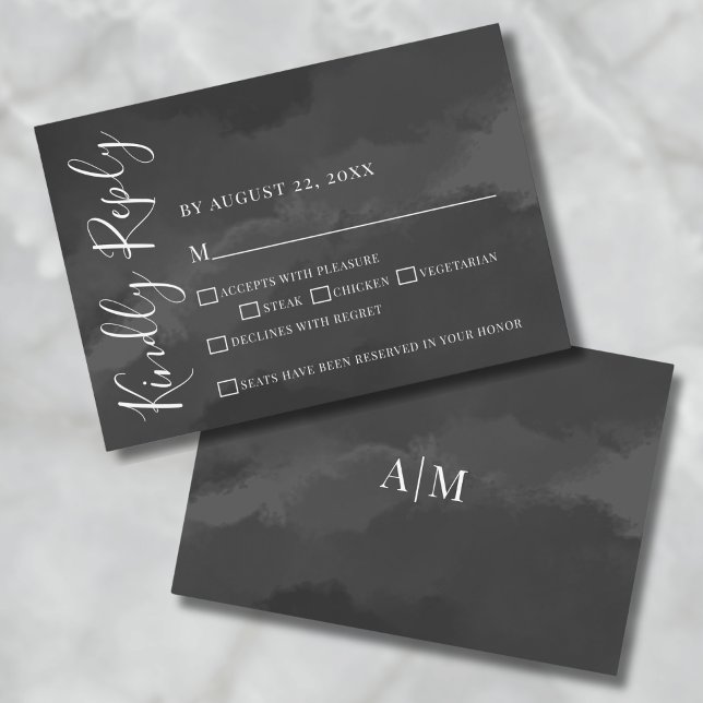 Elegant Simple Black White Wedding RSVP Card (Stylish Elegant Watercolor Black Wedding RSVP Card)