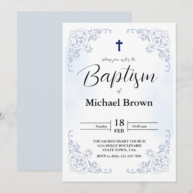 Elegant Simple Blue Catholic Baptism Cross Invitation (Front/Back)