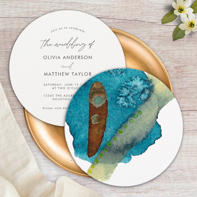Elegant Simple Blue Earthy Abstract Watercolor Invitation (Front/Back)