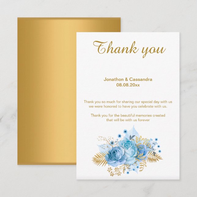 ELEGANT SIMPLE BLUE FLORAL GOLD REVERSE THANK YOU INVITATION (Front/Back)