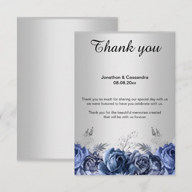 ELEGANT SIMPLE BLUE FLORAL SILVER THANK YOU CARD (Front/Back)