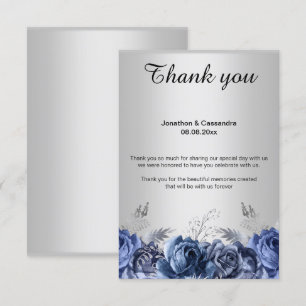 ELEGANT SIMPLE BLUE FLORAL SILVER THANK YOU CARD