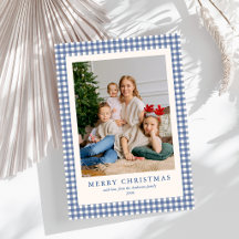 Elegant Simple Blue Gingham Plaid Photo Christmas