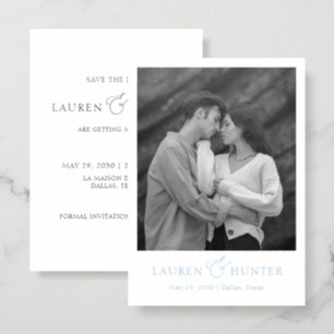 Elegant Simple Blue Photo Wedding Save The Date Letterpress Photo Cards