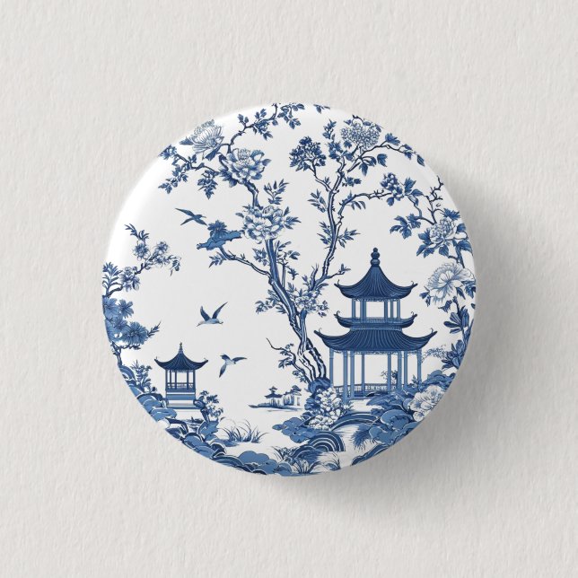 Elegant simple Blue White Flower chinoiserie style Button (Front)