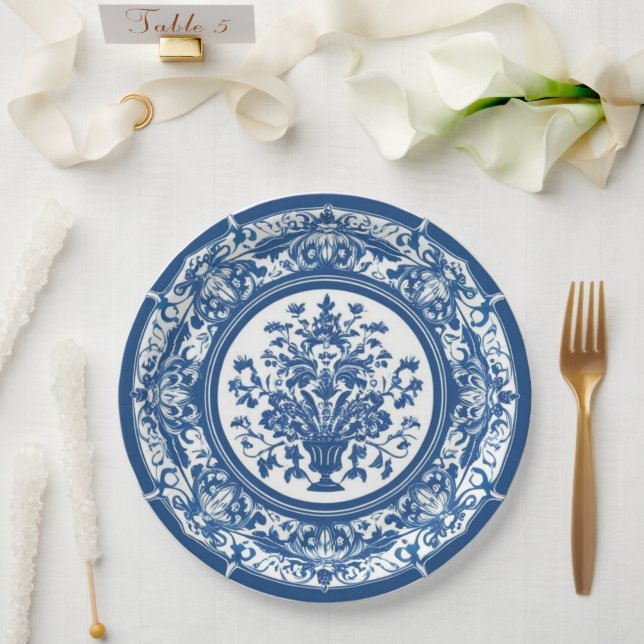 Elegant simple Blue White Flower chinoiserie style Paper Plates (Wedding)