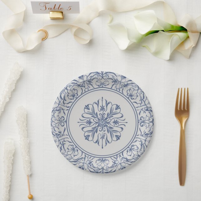 Elegant simple Blue White Flower chinoiserie style Paper Plates (Wedding)