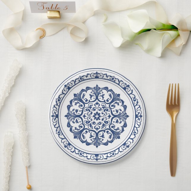 Elegant simple Blue White Flower chinoiserie style Paper Plates (Wedding)