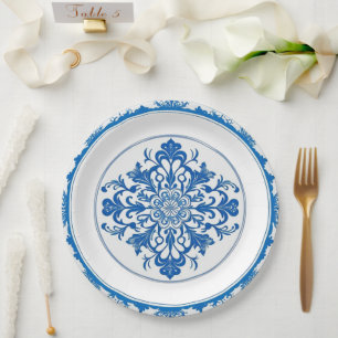 Elegant simple Blue White Flower chinoiserie style Paper Plates