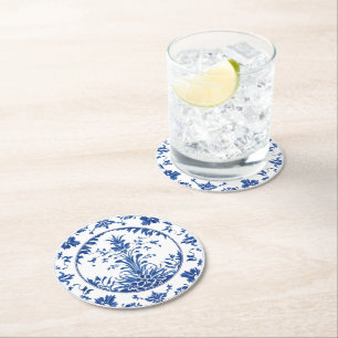 Elegant simple Blue White Flower chinoiserie style Round Paper Coaster