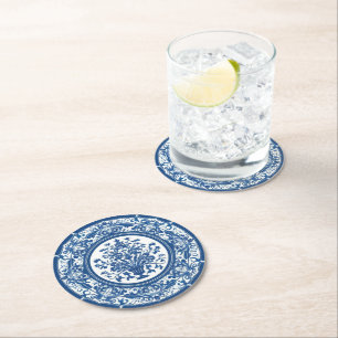 Elegant simple Blue White Flower chinoiserie style Round Paper Coaster