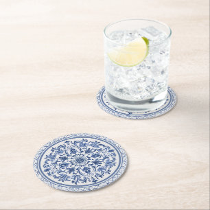 Elegant simple Blue White Flower chinoiserie style Round Paper Coaster