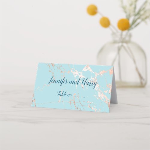 Elegant Simple Blue White Marble Glam Gold Script Place Card