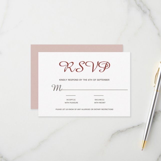 Elegant Simple Blush Burgundy Script RSVP Card (Front/Back In Situ)