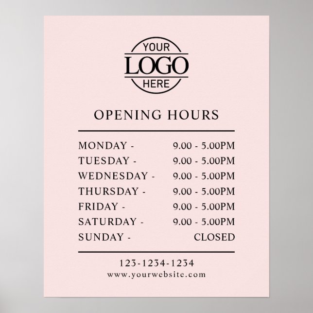 Elegant Simple Blush Pink Business Opening Hours Poster (Front)