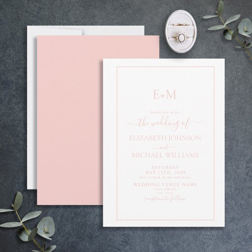 Elegant Simple Blush Pink Formal Monogram Wedding Invitation