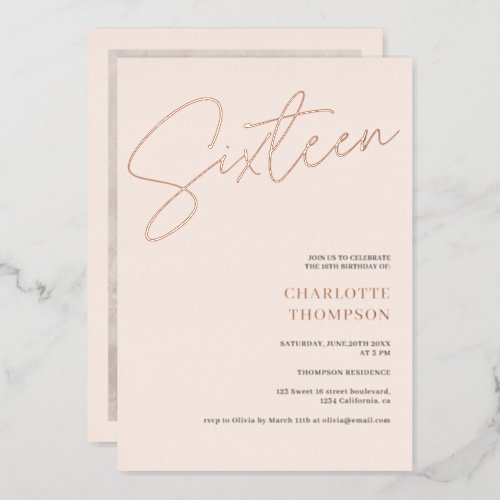 Elegant simple blush pink photo Sweet 16 rose gold Foil Invitation