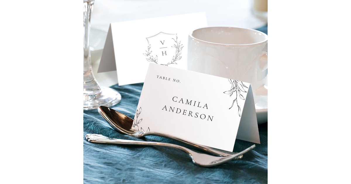 Elegant simple botanical crest monogram place card | Zazzle