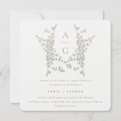 Elegant Simple Botanical Crest Monogram Wedding Invitation