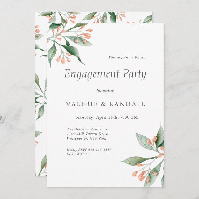 Elegant Simple Botanical Engagement Party Invitation (Front/Back)