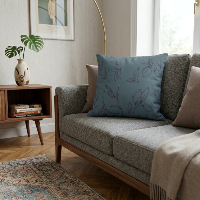 Elegant Simple Botanical Leaves On Blue Throw Pillow (Creator Uploaded)