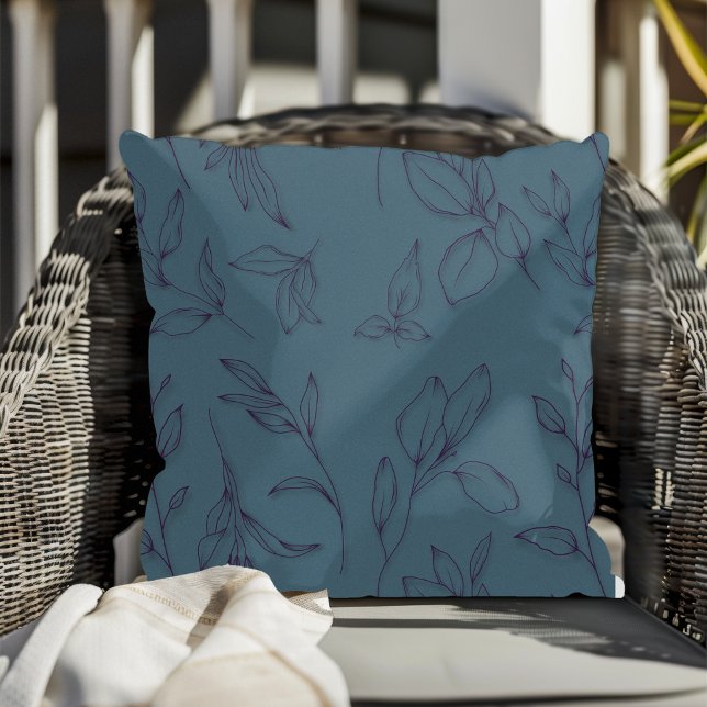 Elegant Simple Botanical Leaves On Blue Throw Pillow (Creator Uploaded)