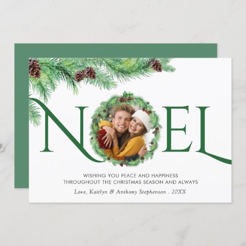 Elegant Simple Botanical Pine Wreath NOEL 1 Photo Holiday Card