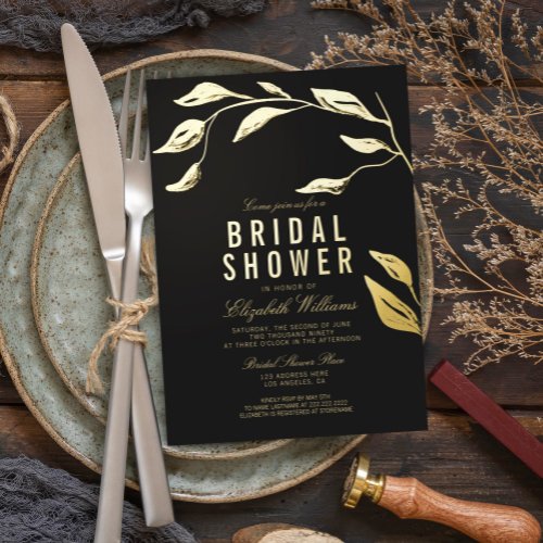 Elegant Simple Branch Black Bridal Shower Gold Foil Invitation