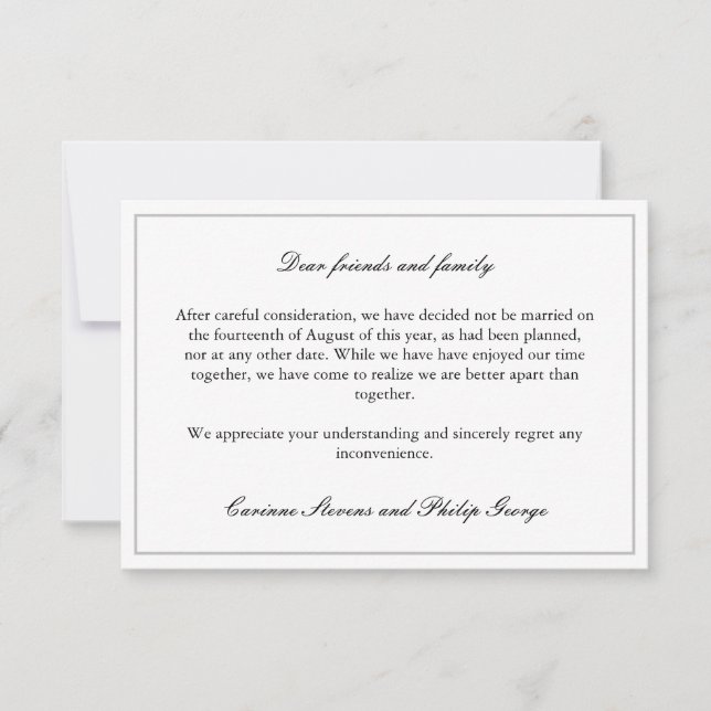 Elegant Simple Broken Engagement Cancelled Wedding Invitation (Front)