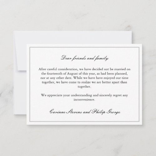 Elegant Simple Broken Engagement Cancelled Wedding Invitation