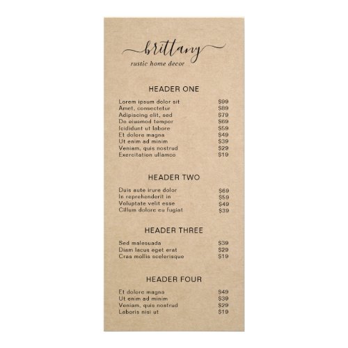 Elegant Simple Brown Rustic Price List Rack Card