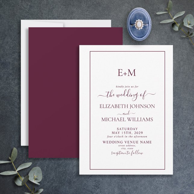 Elegant Simple Burgundy Formal Monogram Wedding Invitation (Creator Uploaded)
